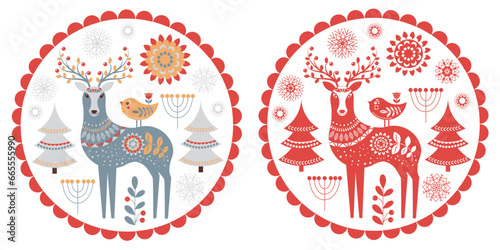 Deer with a small chick, сhristmas trees, snowflakes, flowers. Christmas emblem, postcard. Scandinavian style. Folk art.