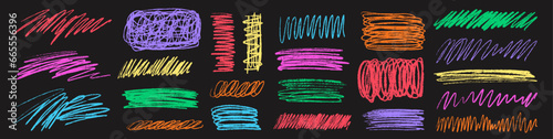 Colorful charcoal scribble stripes and paint shapes. Children's crayon or marker doodle rouge handdrawn scratches. Vector illustration of horizontal waves, squiggles in marker sketch style.	

