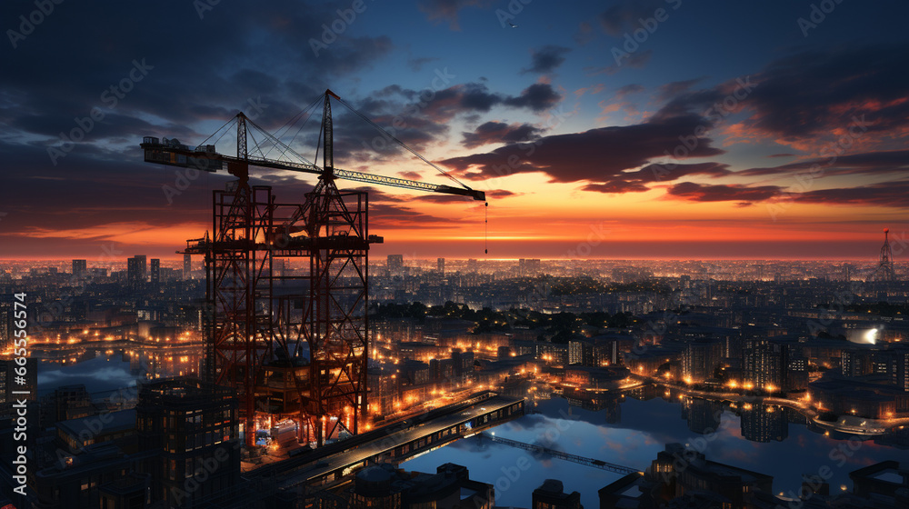 Crane, construction site at sunset.