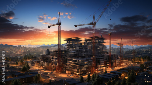 Crane, construction site at sunset.