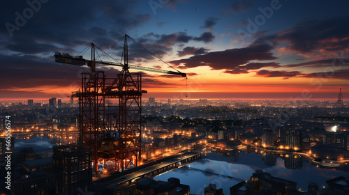 Crane, construction site at sunset.