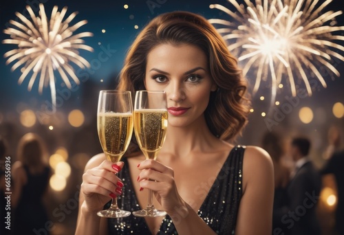 A smiling woman holding two campaign glasses in her hands. Christmas and Happy New Year celebration poster card with fireworks.