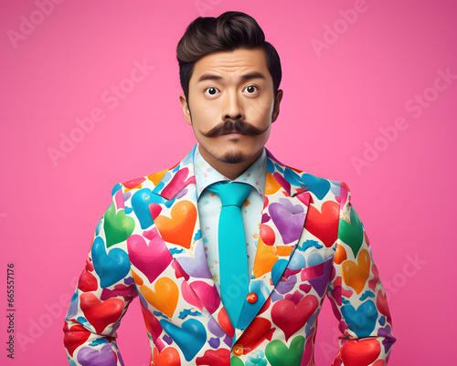 Asian man with a mustache in an abstract, colorful, heart suit that is like a Valentine's Day costume. Green background. © Creative Photo Focus