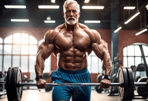 Senior man doing workout exercises inside gym. Fit mature male training in wellness club center - Body building and sport healthy lifestyle concept