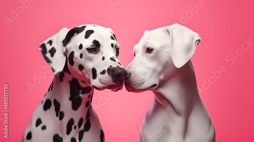 Dalmatians couple in a pet relationship. Cute two dogs hug each other, a symbol of love. Animal concept. Valentine's Day. Pastel pink background. photo