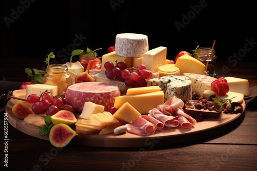 A delicious assortment of cheese, meat, and fruit arranged on a table. Perfect for catering events or food-related projects.