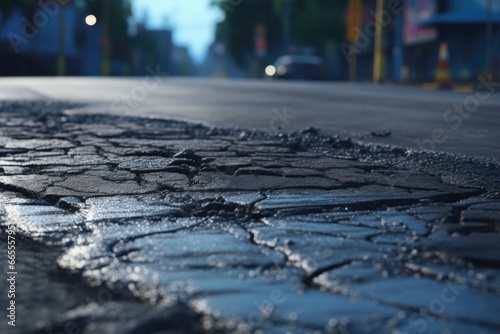 A picture of a street with a noticeable pothole in the middle. This image can be used to depict infrastructure issues, road maintenance, or the need for repairs.