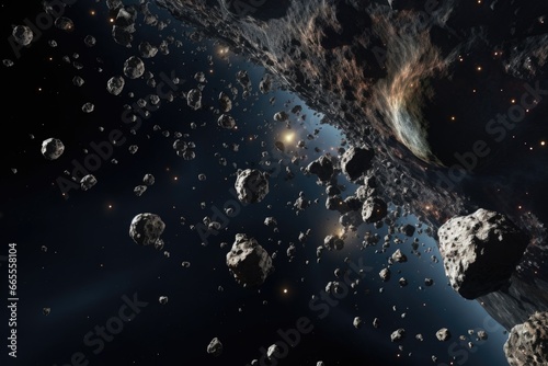 A group of asteroids soaring through a mesmerizing expanse of stars. Perfect for illustrating the vastness and beauty of space.