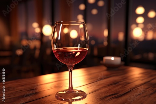 A glass of wine sitting on top of a wooden table. This image can be used to depict relaxation, celebration, or a cozy evening at home