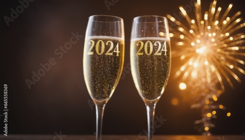 New year's and Christmas celebration background with fireworks, champagne glasses, and text 2024 in numbers
