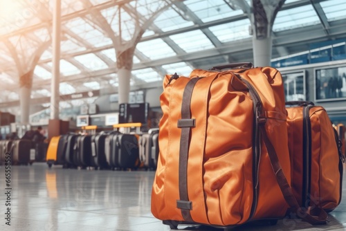 A picture of a large orange bag sitting on top of a tiled floor. This image can be used to depict storage, travel, or interior design concepts.