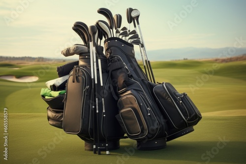 A group of golf clubs sitting on top of a green field. This image can be used to depict a golf course, sports equipment, or recreational activities. photo