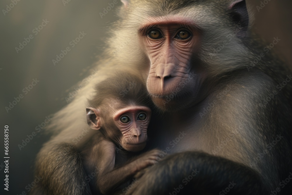 Fototapeta premium A monkey holding a baby monkey in its arms. 