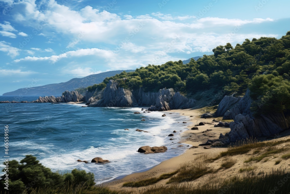 A beautiful painting depicting a serene beach with rocks and crystal clear water. Perfect for adding a touch of tranquility to any space. A beautiful painting depicting a serene beach with rocks and crystal clear water. Perfect for adding a touch of tranquility to any space.
