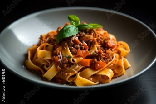 Delicious tagliatelle pasta with flavorful wild boar ragù, tomatoes, carrots, celery, onions, garlic, and red wine. Generative AI