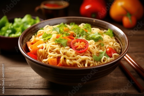 Tasty instant noodles with vegetables in bowl. Asia hot pasta lunch. Generate Ai
