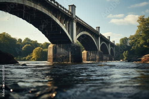 A picturesque bridge spanning a tranquil body of water, surrounded by lush green trees. Perfect for nature lovers and those seeking a peaceful scene