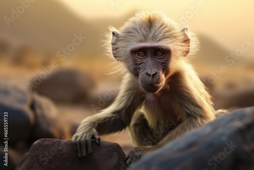 A monkey perched on top of a stack of rocks. This image can be used to depict curiosity, balance, or nature's beauty © Fotograf