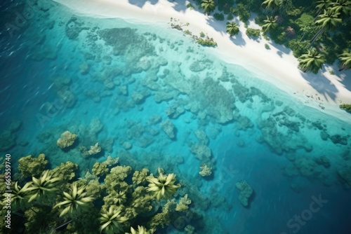 A beautiful aerial view of a sandy beach with palm trees. Perfect for travel brochures and tropical vacation destinations