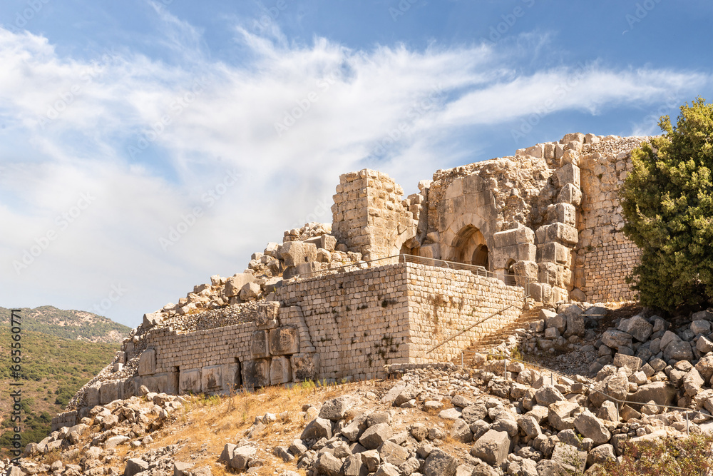 A well-preserved  entrance to ruins of the medieval fortress of Nimrod - Qalaat al-Subeiba, located near the border with Syria and Lebanon in the Golan Heights, in northern Israel