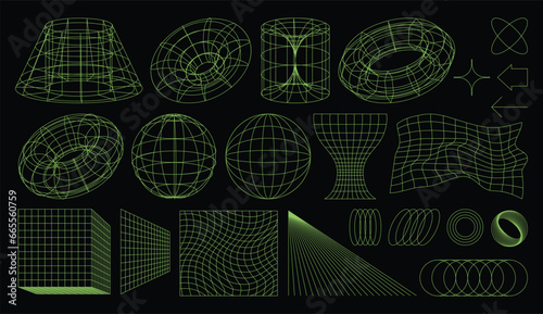 Set of Y2K elements, wireframes, 3d geometric shapes, grids, and linear forms inspired by brutalism, cyberpunk and retro futuristic styles. Vector geometric graphic aesthetic: torus, cube, sphere etc.