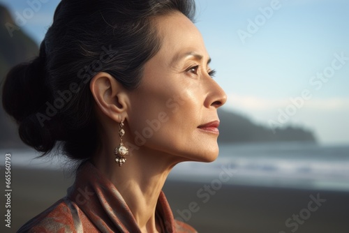 A woman wearing a scarf and earrings enjoying a day at the beach. Perfect for travel or fashion-related projects.