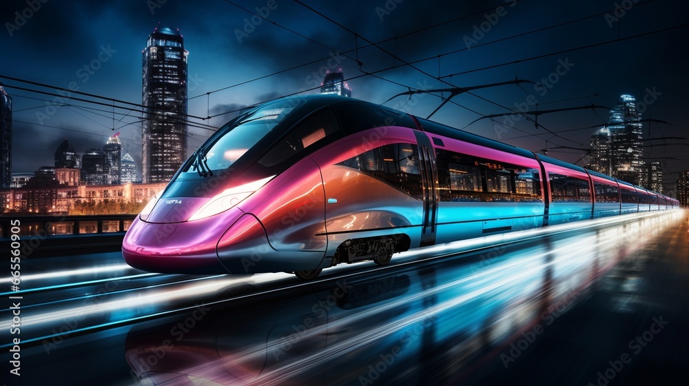 A dynamic long exposure of sleek, high - speed trains with neon accents racing through a futuristic metropolis at night