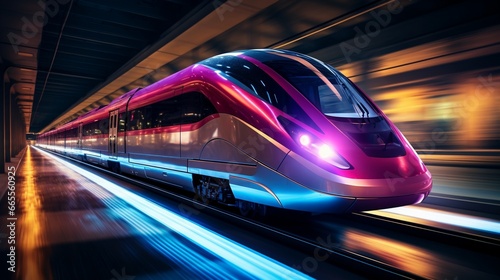 A dynamic long exposure of sleek, high - speed trains with neon accents racing through a futuristic metropolis at night