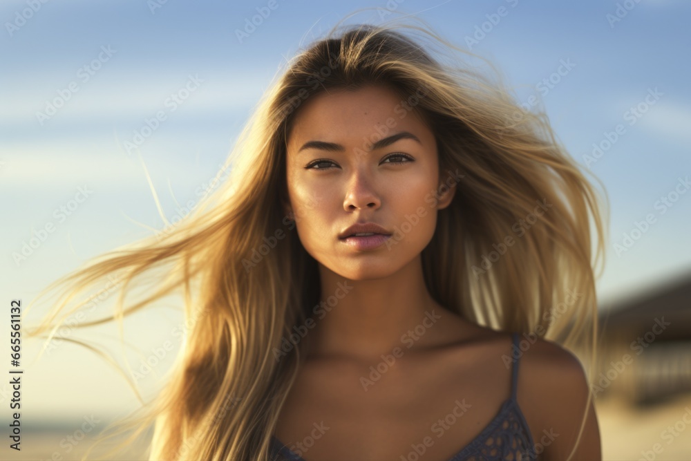 A woman with long blonde hair standing on a beach. This picture can be used to depict relaxation, vacation, or enjoying the seaside A woman with long blonde hair standing on a beach. This picture can be used to depict relaxation, vacation, or enjoying the seaside
