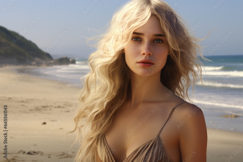 A stunning blonde woman standing on the sandy beach. This picture can be used to portray relaxation, vacation, or a beach getaway