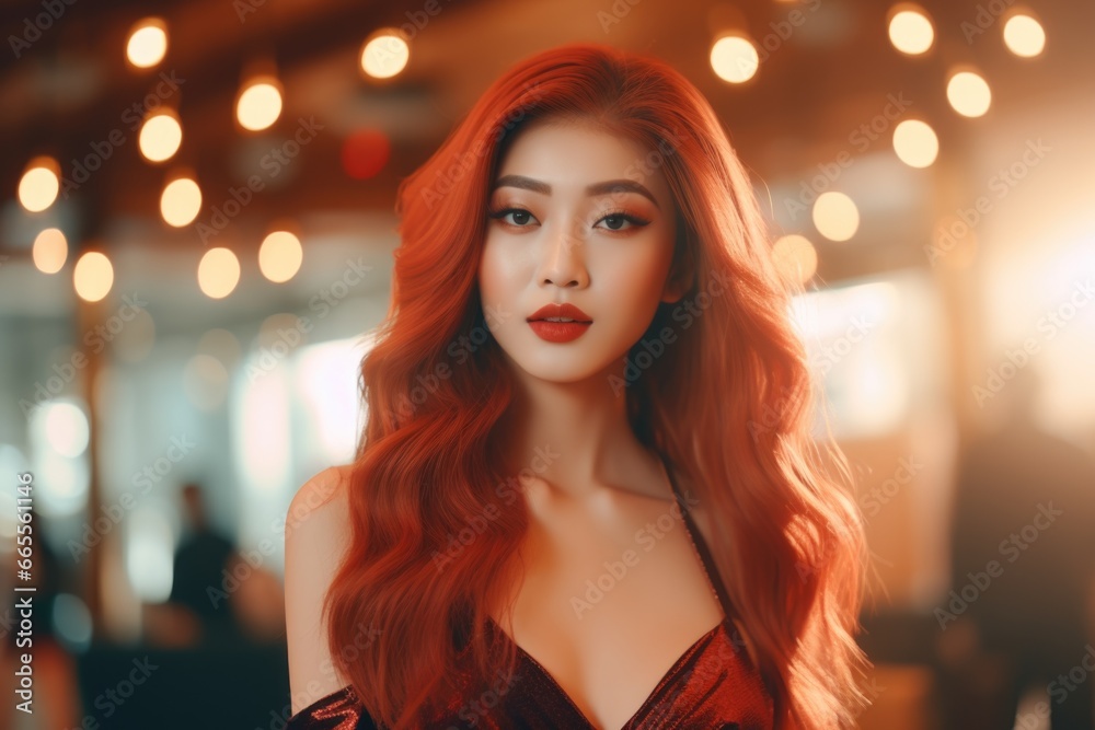 A woman with long red hair wearing a stunning red dress. This image can be used for fashion, beauty, or lifestyle themes