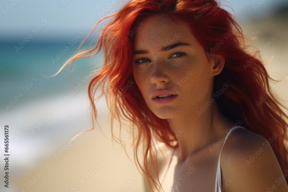 A woman with vibrant red hair standing on a picturesque beach. This image can be used to depict relaxation, vacation, or natural beauty. A woman with vibrant red hair standing on a picturesque beach. This image can be used to depict relaxation, vacation, or natural beauty.