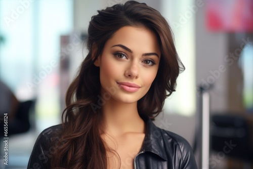 Wallpaper Mural A woman wearing a leather jacket is posing for a picture. This image can be used for various purposes such as fashion blogs, magazine articles, or stock photography websites Torontodigital.ca