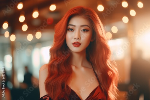 A woman with long red hair wearing a stunning red dress. This image can be used for fashion, beauty, or lifestyle themes