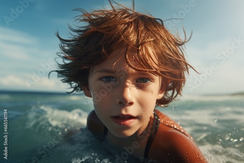 A young boy skillfully rides a wave on top of a surfboard. This image captures the excitement and thrill of surfing. Perfect for illustrating water sports and outdoor activities © Fotograf