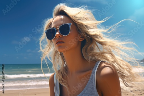 A woman wearing sunglasses on a beautiful beach near the ocean. Perfect for travel, vacation, and summer-themed designs © Fotograf