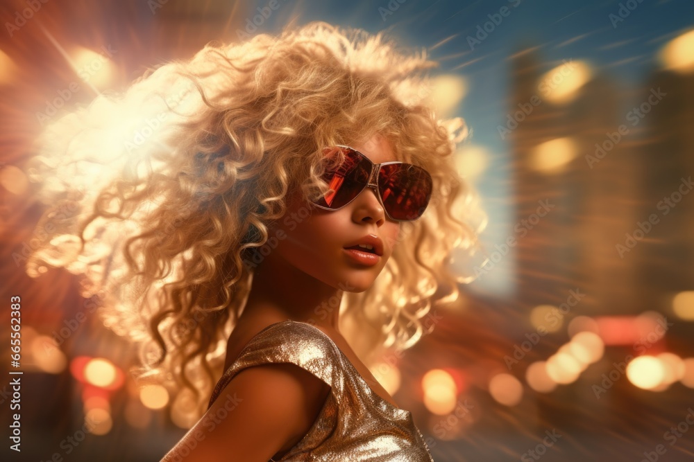 Fototapeta premium Woman in Gold Dress with Sunglasses