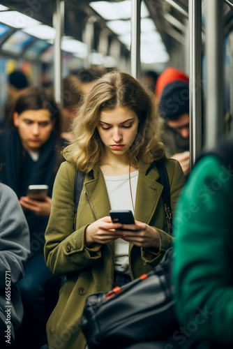 A Girl travels on public transport and is completely enraptured by the screen of his smartphone