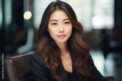 Attractive young asian woman in elegant clothes. Confident business expert. Office blur background