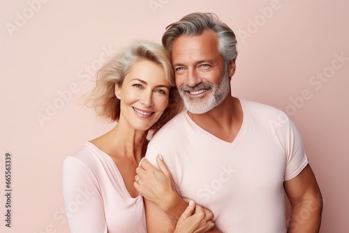 Portrait of two peaceful calm mature couple isolated on pink background © Eva Corbella
