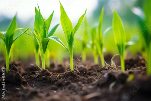 Tiny green corn shoots in a cultivated field, seen from a low angle. Depicts agriculture and cultivation. Generative AI