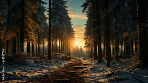 Winter forest with fir trees at sunset.