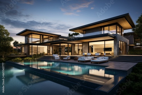 Luxurious contemporary home featuring expansive windows and a sleek pool. Generative AI © Steven