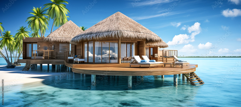 Tropical Paradise: Floating House on a Lagoon. Wooden Stilt House Overlooking the Lagoon