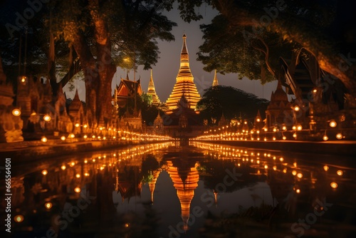 Thai temple adorned with lights in the middle of the night, with lights reflecting on the water, a wide-angle view. © Pattra