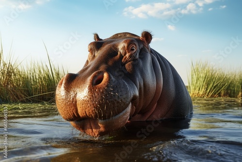 A picture of a hippo in a body of water with grass in the background. This image can be used to depict wildlife, nature, or animal habitats.