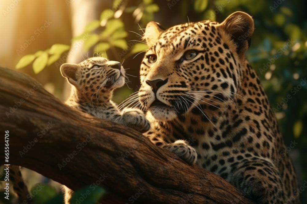 Fototapeta premium A mother leopard and her cub are seen sitting together on a tree branch. This image can be used to depict the bond between a mother and her child, wildlife conservation, or the beauty of nature