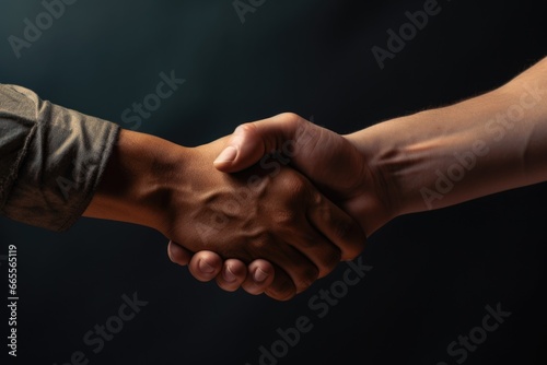 Two people are shown in a close-up, shaking hands. This image can be used to represent business partnerships, agreements, or collaboration.