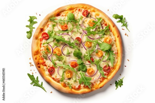 Tasty pizza with vegetables and arugula salad top view. Delicious fast food nutrition. Generate Ai