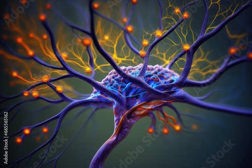Close up of human brain showing neurons firing and neural extensions, limbic system Mammillary pituitary gland, amygdala thalamus, cingulate gyrus, corpus callosum, hypothalamus. photo